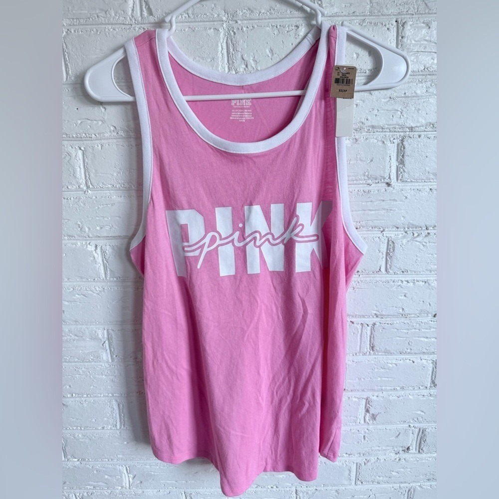 Victoria's Secret Pink Racerback Tank Top Bright Pink White Trim Logo Graphic XS